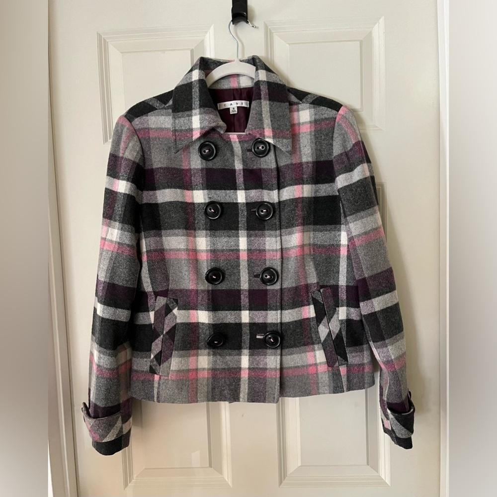 Cabi Cropped Pea Coat Wool Blend Double breasted Plaid Size 8 Jacket preppy
